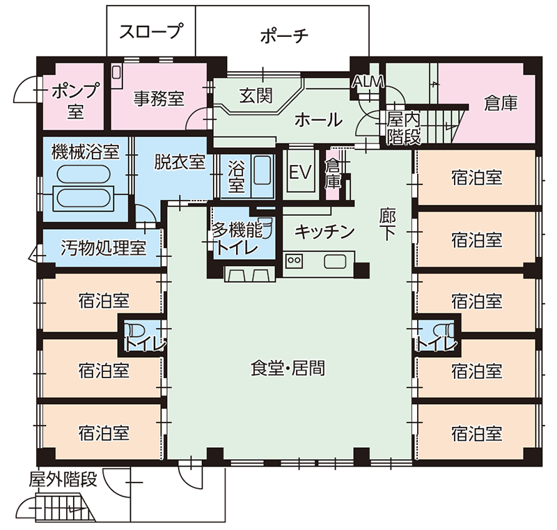 横浜市の小規模多機能型居宅介護 エクセレント磯子ベイサイドの平面図（1F）
